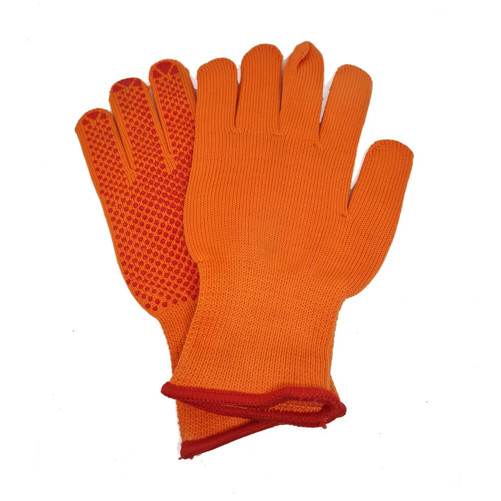 Orangfarbene Handschuhe fürs Umtopfen von Zimmerpflanzen